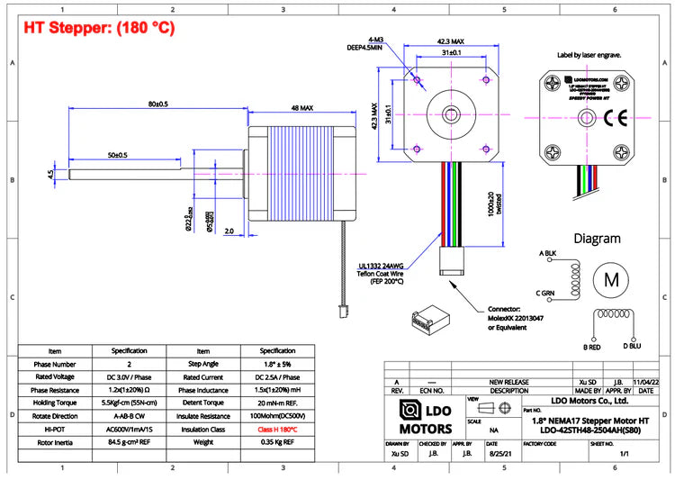 LDO-42STH48-2504AH(S80) NEMA 17 MOTOR HIGH TEMP